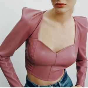 Zara Womens Size Small Pink Faux Leather Marsala Crop Top Blouse Long Sleeve